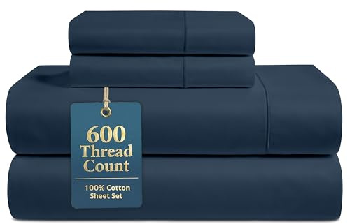 LANE LINEN Queen Bed Sheets - Pemium 600 Thread Count Long Staple 100% Cotton Sheets Queen Size Bed Set, Hotel Luxury Sateen Finish, 15 Deep Pocket Fitted Sheet, Cool & Durable - Denim