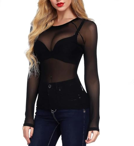 Srumvoat Women's Mesh Top, Sexy Black Mesh Top with Long Sleeve, Slim Fit Lace Sheer Top for Women, High Neck Transparent Blouse Shirt, Ideal for Party Clubwear Nightwear, L