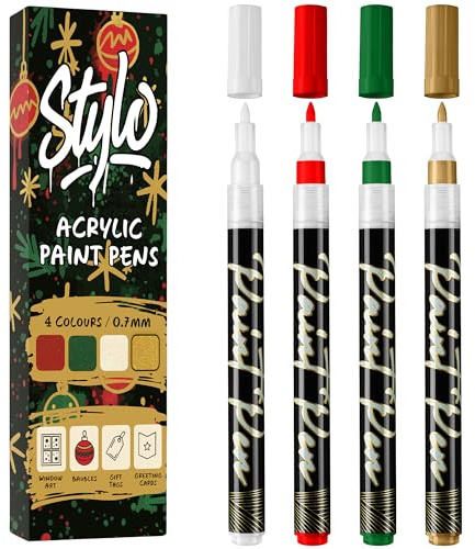 Stylo Metalliska akrylfärgpennor – vit, röd, guld och grön, permanenta akrylmarkörer för julkort, glas, keramik, stenmålning, perfekt för konst och hantverk (paket med 4)