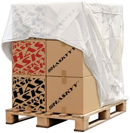 HASKYY Palettehaube Abdeckhaube Schutzhülle 125x85x120 cm 30 µm PE-Folie schützt Paletten, Möbel, Kinderwagen, Grill und Gartengeräte - Staub- & Feuchtigkeitsschutz Innen & Außen (bis 12 Monate)