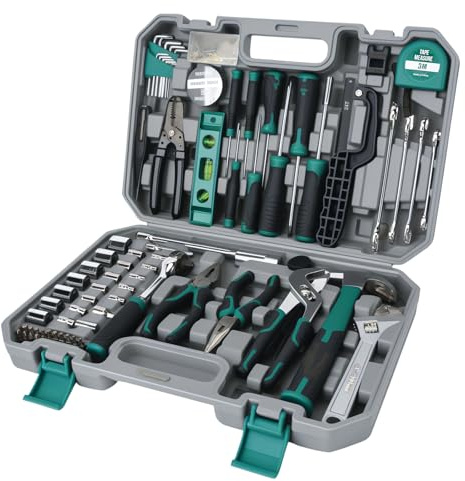 HUIYOPU 139-Piece Household Tool Kit, Heavy Duty Set with Sockets, Ratchet | Wrench, Pliers, Screwdriver, Hammer, Tape Measure & Spirit Level in Carry Case for Home Car DIY Repair