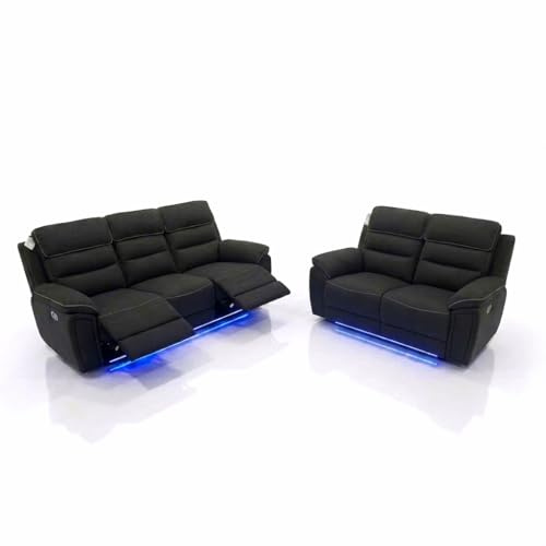 Milan Electric Recliner Sofa Set with LED Lighting, Platinum Grey OTE Fabric, 3+2 Seater with USB and Type-C Charging Ports, Wireless Charging & Cup Holders (3+2 Seater)