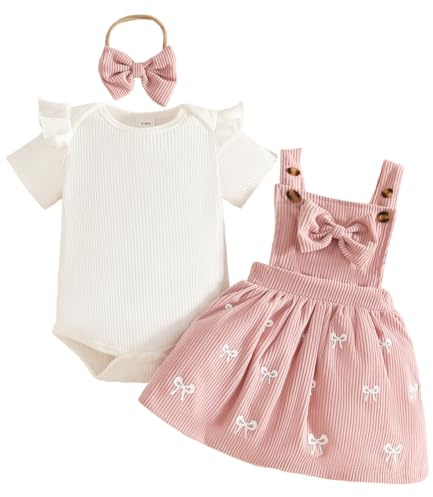LUVCES Ensemble Nouveau-né Fille Jupe à Bretelles en Velours Côtelé + Haut Côtelée avec Cœur + Bandeau 3Pcs Jolie Vêtements d'Automne Hiver Été 3Pcs Manches Courtes nœud papillon rose 0-3 Mois