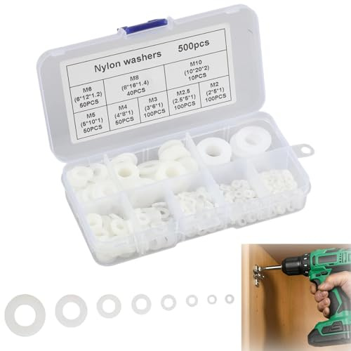 Set de 500 Arandelas de Plástico Nylon Blanco, 8 Tamaños: M2, M2.5, M3, M4, M5, M6, M8, M10, Arandelas Planas para Tornillos, Pernos y Proyectos de Bricolaje