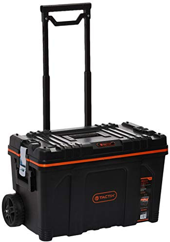 Tactix 63.5 cm mobiler Werkzeugkoffer mit Rollen, robuster Kunststoff, Teleskopgriff, robuste Seitenriegel, schwarz, Maße 64B x 40T x 44,5H cm-320302