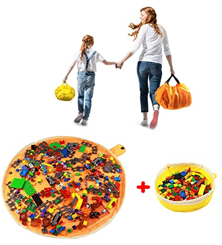 Kinder Spieldecke Aufraeumsack für Lego - Sack Spielzeug Aufbewahrung Teppich Beutel von Kordelzug mit Kappe wie Reisetasche als Geschenk 2St＝1Orange Groß + 1 Gelber Mini