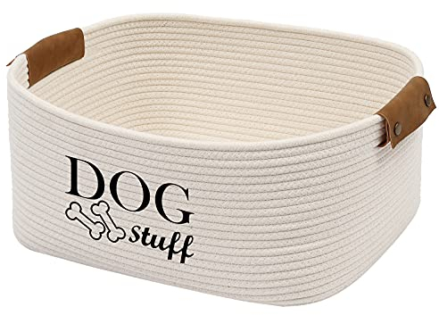 Geyecete Almacenaje Juguetes Perro,Cesta Juguetes Perro,Cuerda de algodón Caja de Almacenamiento Artículos para Mascotas con Asa Piel sintética-Beige