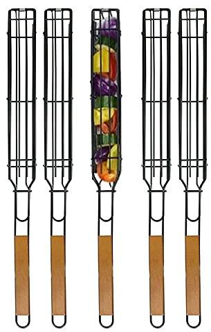 LPAN Panier à Griller Paniers à Brochettes Simples Antiadhésifs Barbecue à Poignée en Bois Anti-Corrosion pour Poisson Rôti Légumes Crevettes Fruits De Mer 5 pièces