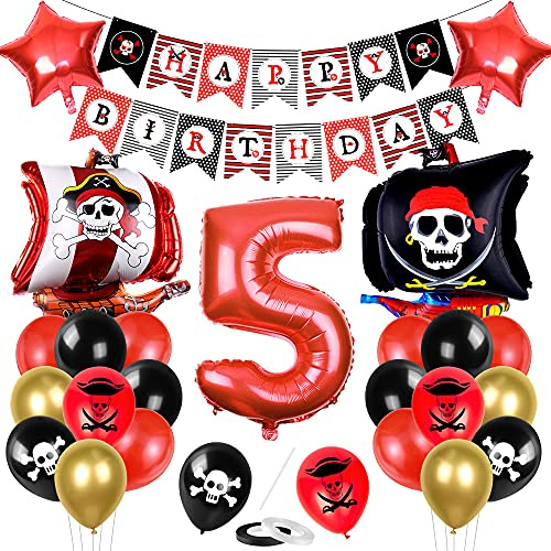 Bluelves Piratenschiff Luftballons Set, Piratenschiff Geburtstag Deko, Geburtstagsdeko 5 Jahr Jungen, Luftballon 5 piratenparty Kindergeburtstag, 5 Jahr piratenparty deko