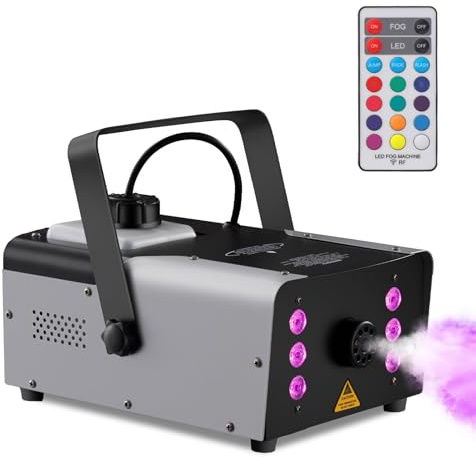 Sunolga Máquina de niebla de 900 W con 6 luces LED y 7 efectos de luz coloridos, máquina de humo de gran capacidad de 34 onzas líquidas con control remoto inalámbrico, niebla de 4000 CFM para