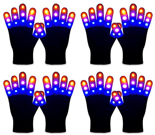ONEREED 4 Pairs LED Gloves Light up Gloves for Kids Girls Boys Toys Age 3-12 Years Old Cool Fun Toys Christmas Gifts Easter Birthday Carnival Party Halloween costumes