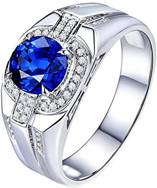 KnSam Echter Goldschmuck, Herren Ring 750 Weißgold, Linie Design Verlobungsring Herren 1.63ct Labor Erstellt Saphir mit Diamant, Weiß Gold, Gr.69 (22.0)