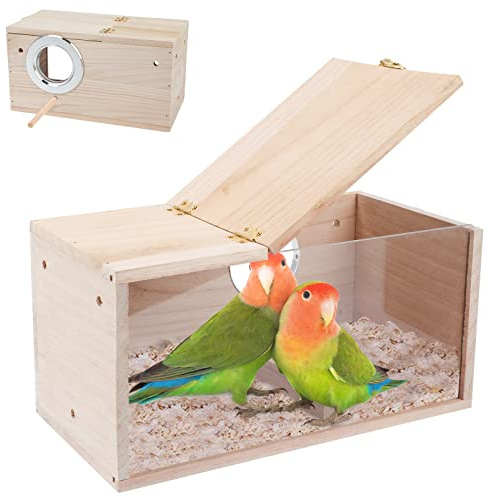 GINDOOR Parakeet Nesting Box Transparent Bird House for Cage Natural Wood Breeding Box for Parrot Parakeet Cockatiel Lovebirds Budgie Conure and Other Small Birds