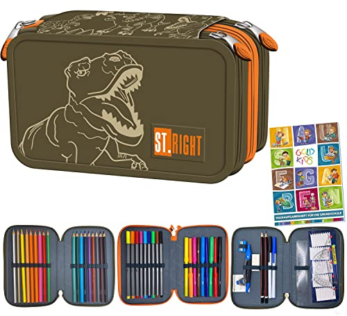 Goldkids St. Right XXL Federtasche Federmappe Federmäppchen 46-teilig gefüllte Schüleretui 3-stöckig 19 x 13 x 7 cm inkl. Hausaufgabenheft T-Rex Dinosaurier Motiv