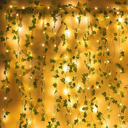 BrizLabs Solar Efeu Lichterkette Aussen, 1.2x1.5m 192 LED Solar Künstlich Efeugirlande Vorhang Blättern Weihnachten Lichterkette Grüne Blatt Efeuranke Pflanzen Licht für Hochzeit Party Wanddekoration