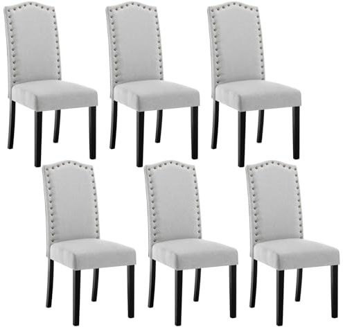 WOLTU 6er Set Esszimmerstühle, Küchenstuhl mit hoher Rückenlehne, Polsterstuhl, Wohnzimmerstuhl, Design Stuhl, mit Massivholzbeinen, gepolstert, Leinen, Hellgrau, BH386hgr-6