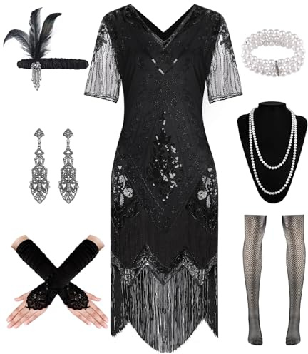 WILDPARTY 20-tals kostym dam Charleston-klänning, fransklänning med paljetter pärlor fransar nätstrumpor, Gatsby-klänning 20-talet accessoarer, svart, XL