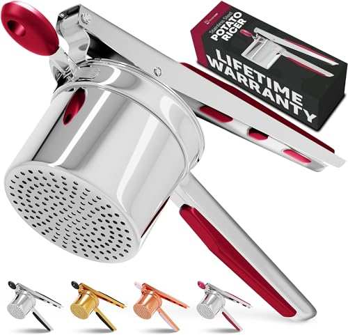 PriorityChef Large 15oz Potato Ricer, Heavy Duty Stainless Steel Potato Masher and Ricer Kitchen Tool, Press and Mash Kitchen Gadget For Perfect Mashed Potatoes - Everytime, Red
