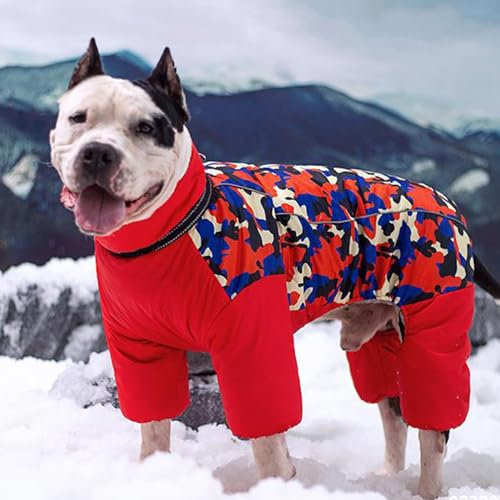 PJDDP Hunde-Wintermantel, Hunde-Daunenjacke mit Beinen, reflektierende warme Hundeweste, Ganzkörper-Hundemantel, wasserdicht,Rot,5XL