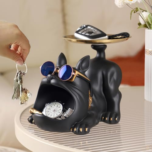 Starnearby Plateau Clé Entrée Statue Bouledogue Vide Poche, Bol Clé Entrée Bulldog Sculpture en Résine, Statue avec Plateau, Plateau Rangement Clef, Bijoux, Plateau Clé Entrée, Décoration