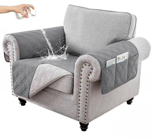 RAPRAP 100% Waterproof Armchair Covers with Side Pockets, Washable Anti-slip Chair Cover for Single Sofa Couch, Furniture Protector Cover for Pets Children Dog Cat, Gray,1 Seater