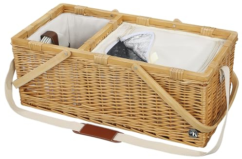 cilio Picknick-Korb Palermo, Für 4 Personen, Geflochtener Korb mit Deckel aus Kiefernholz, Picknickkorb mit Kühlfach inkl. Teller Set, Besteck und Gläsern, Tragegriffe und Schultergurt, Hellbraun