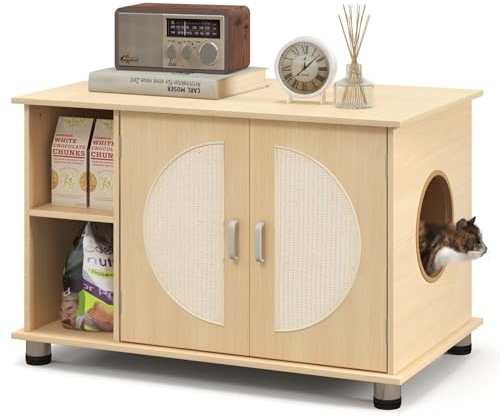 GOPLUS Katzenschrank für Katzentoilette mit Stauraum, Sisal-Kratztüren & verstellbaren Metallfüßen, Katzenklo Schrank, 2 in 1 Katzenhaus & Beistelltisch für den Innenbereich, 82 x 48 x 52cm, Natur