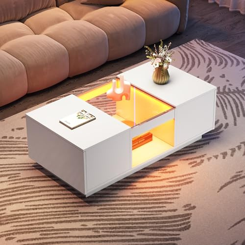 MSMOK Weißer Couchtisch – mit Glasverkleidung, LED-Beleuchtung, 100x50x35,5 cm,App-Steuerung, 2 Schubladen und 1 offenes Fach