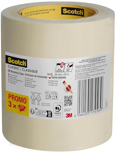 Scotch Nastro Coprente Classico, Promo Pack - 3 Rotoli da 36 mm x 50 m, Per Pittura e Decorazione Interna, 70% PEFC