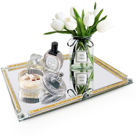 YCWF Bandeja grande de perfume con espejo para tocador, bandeja de tocador de vidrio relleno de diamante triturado, bandeja de baño decorativa dorada, bandeja de cristal para decoración del hogar,