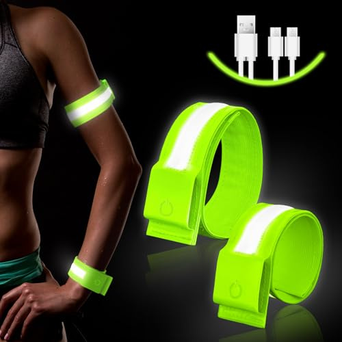Ainiv 2 st USB-uppladdningsbara LED-ljusarmband, LED-reflekterande armband, löpning, justerbar blinkande säkerhetsarmband, för jogging, löpning