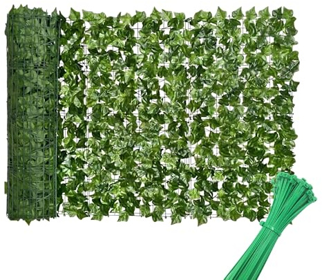 AURACASA siepe artificiale da esterno e interno, siepe finta per recinzione, edera finta artificiale, frangivista balcone e recinzione giardino, 50 fascetti verdi inclusi (FOGLIE DI EDERA, 1x6 Mt)