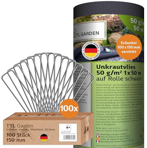 TTL GARDEN 50g/m² Unkrautvlies Set 50m² 1 x 50m Rolle + 100 Erdanker 150mm