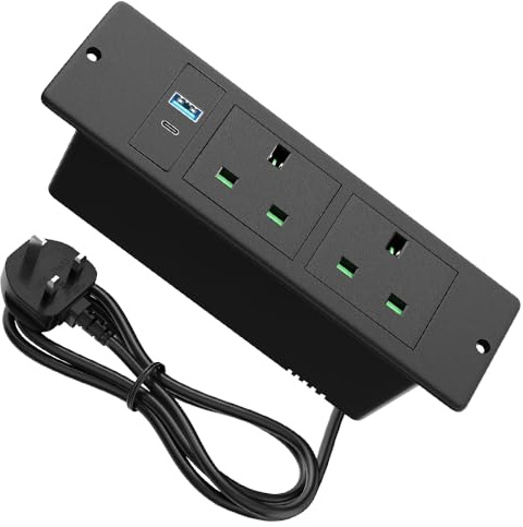 KBIBCK Recessed Power Strip, Desk Power Socket with USB C PD 20W, Recessed Power Socket with Extension Lead, Desk Clamp Power Strip 2 Outlets with 2m Cable, DeskSocket for Home Office(Black）