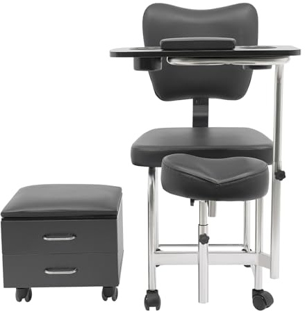Maniküre Pediküre Stuhl Nageltisch Trolley, Mobile Nagelstation Set mit 2-lagiger Schubladenschrank, Beauty Spa Massage Hocker Mobilesmanikürtisch für Spa, Schönheitssalon (Schwarz)