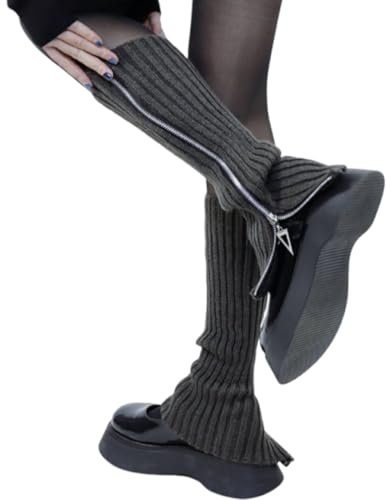 ZORVYN Chauffe-jambes Femme Grises avec Zip Y2K Chauffe-jambes Tricotées Chauffe-jambes Chaudes au-dessus du Genou pour Filles