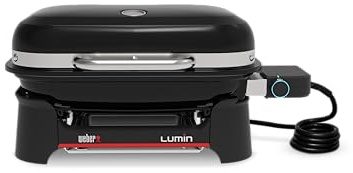 Weber Lumin Kompakt Tragbarer Elektrogrill, Heizt bis 315°C, mit Deckelthermometer, porzellanemaillierten Gusseisenrosten, 43 x 32 cm Grillfläche, schwarz (1502012)
