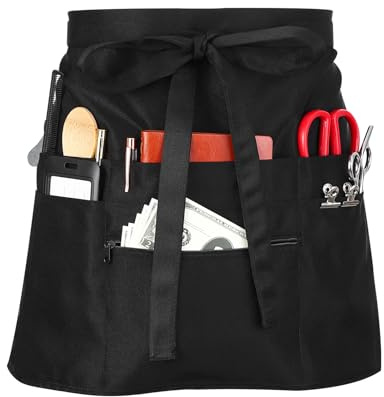 saerryor Black Waist Apron with 8 Pockets, Adjustable Waist Waitress Apron | Cleaning Server Aprons for Waiter Chef Women Men Cooking Baking