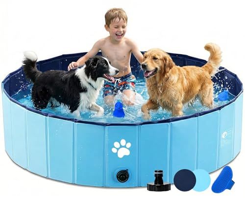 Dazhtu Dog Paddling Pool, 120x30cm PVC Foldable Pet Swimming Pool Portable Dog Pool Large Bathing, Non-Slip Dog Bath Tub with Drain Plug, Large Folding Pools for Outdoor Garden, Blue
