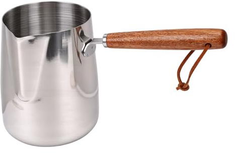 SIXRUN Milchtopf aus Edelstahl, mit Holzgriff Zum Milchaufschäumen und Schmelzen von Schokolade, Geeignet für Induktions- und Gasherde, Ideal für Heim-Baristas (600 ml)