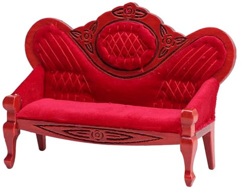 Otbushit Mini-Couch für Puppenhaus, rotes Samt-Minisofa mit Holzschnitzerei für Puppenhausmöbel im Maßstab 1:12, Klassische Wohnzimmerszene, Stil 1