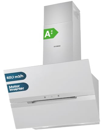 Hyundai Campana Extractora Decorativa Inclinada 70cm, Cristal Blanco, HCDE70DCW00. Potencia 831m3/h, 3 Velocidades, 2 Filtros, 64 dB Nivel Sonoro, Control Táctil, Filtros aptos para Lavavajillas