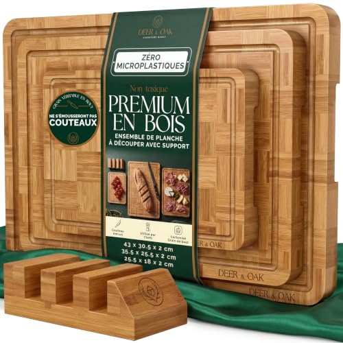 Deer & Oak Juego de tablas de cortar de bambú carbonizadas de grano final de 3 piezas con soporte, juego de tablas de cortar de madera preengrasada, patrón de tejido de cesta, tablas de bloque de