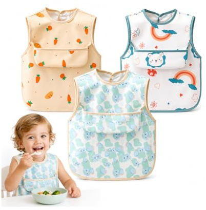 Qibivfo Pack de 3 Baberos Bebé Impermeables, Babero Infantil Sin Mangas con Bolsillo Recogedor, Babero Plástico Suave Fácil de Limpiar para Comer, Pintar y Jugar, Baberos Niños 2-4 Años