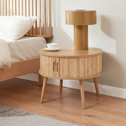 [en.casa] Nachttisch Nordkapp Beistelltisch mit 2 Türen Bambus rund 45 x Ø60 cm Nachtschrank hoch Holzbeine Nachtkästchen schmal Beistellschrank Natur