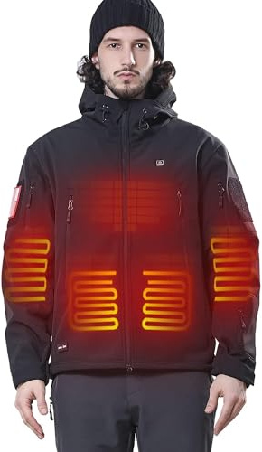 DEWBU Heated Jacket for Men with 12V Battery Pack Winter Outdoor Soft Shell Electric Heating Coat, Men's Black, M