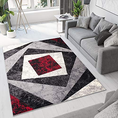 TAPISO Dream Tappeto Soggiorno Salotto Moderno Grigio Rosso Geometrico Quadrato A Pelo Corto 140 x 200 cm