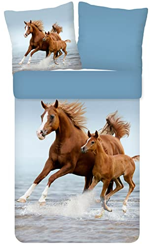 ESPiCO Bettwäsche Trendy Bedding Wildpferde Pferd Fohlen Stute Tiermotiv Gaul Meer Wasser Galopp Renforcé, Größe:135 cm x 200 cm