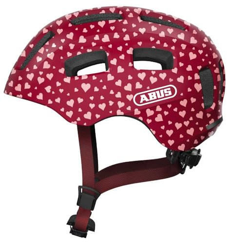 ABUS Fahrradhelm Youn-I 2.0 - mit Licht für Kinder, Jugendliche und junge Erwachsene - für Mädels und Jungs - Rot mit Herz-Muster, Größe M, M (52-57 cm)