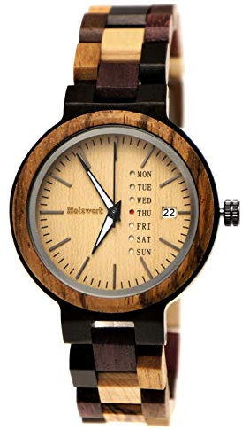 Holzwerk Germany Handgefertigte Matrix Damen-Uhr Öko Natur Holz-Uhr Holz Armband-Uhr Braun Schwarz Bunt Zebra Muster Analog Quarz-Uhr Datum und Wochentag Anzeige (Holzwerk-Damen-Bunt)